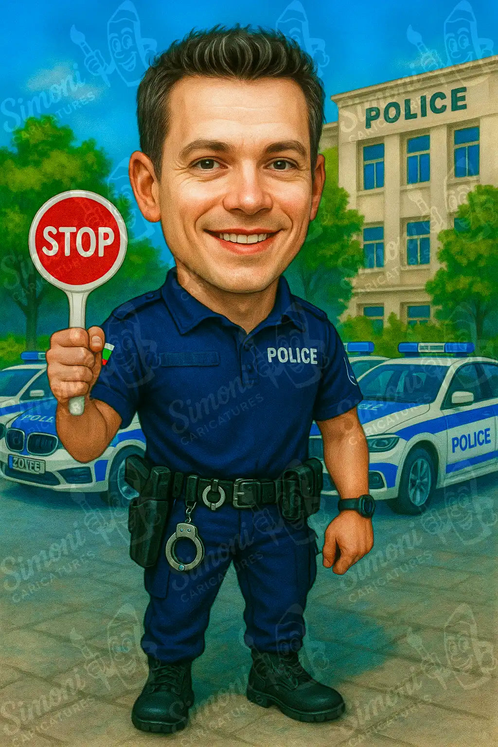 Карикатура на полицай в синя униформа, усмихнат и държащ знак "STOP" пред полицейски участък с два полицейски автомобила на заден план - персонализиран портрет от Simoni Caricatures с реалистична детайлна обстановка.